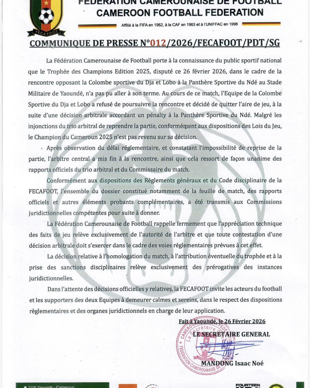 Trophée des Champions 2025 : match interrompu entre Colombe et Panthère, la FECAFOOT saisit les instances disciplinaires