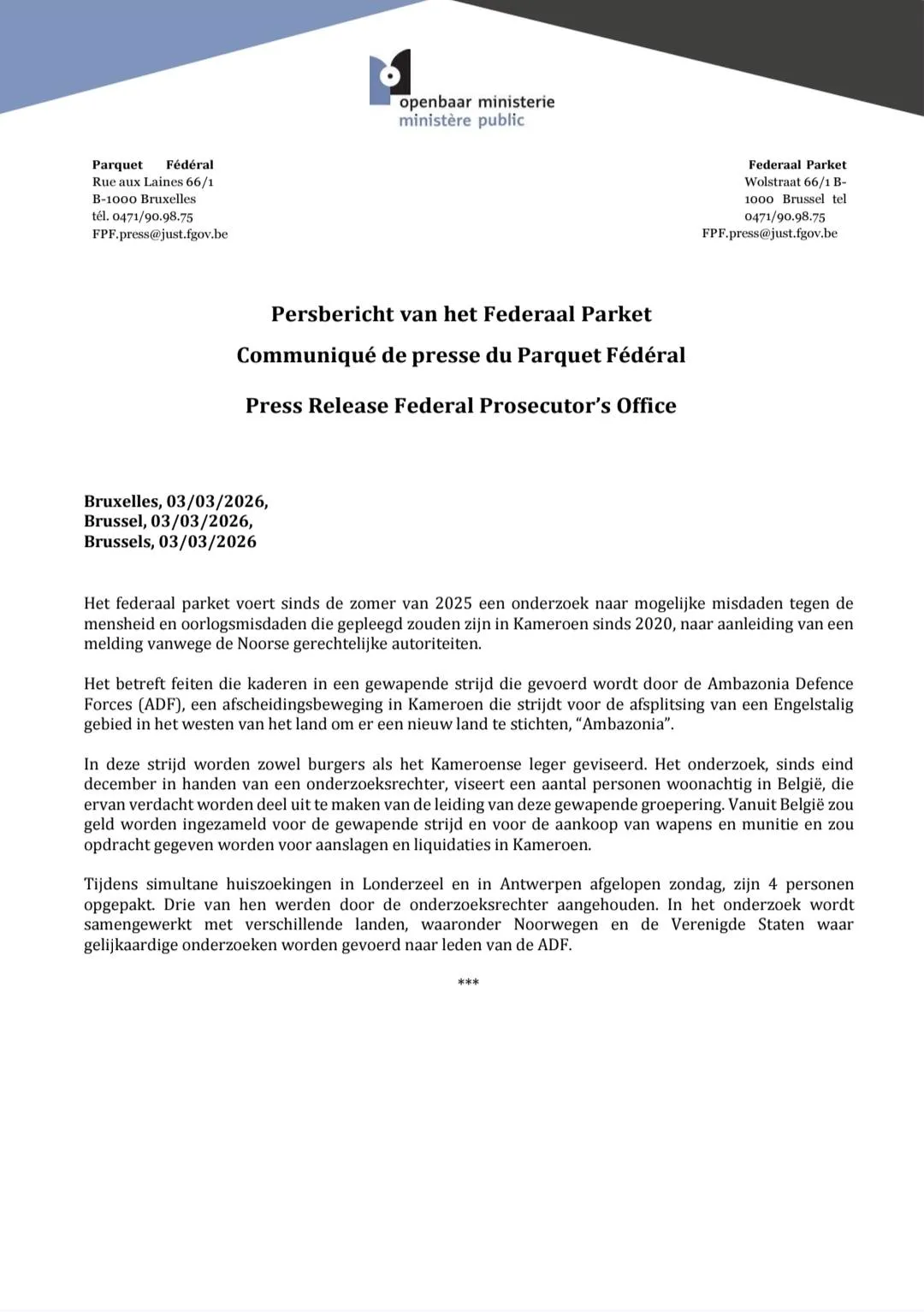 Cameroon: Crackdown in Belgium on alleged leaders of the Ambazonia Defence Forces (ADF)